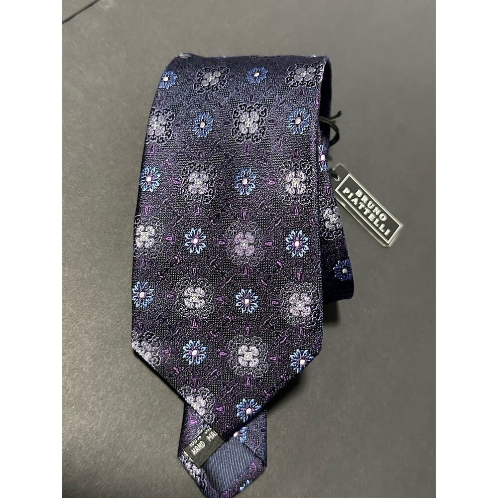 Bruno Piatelli Hand Made 100% Silk Purple Blue And Gold Geometric Neck Tie